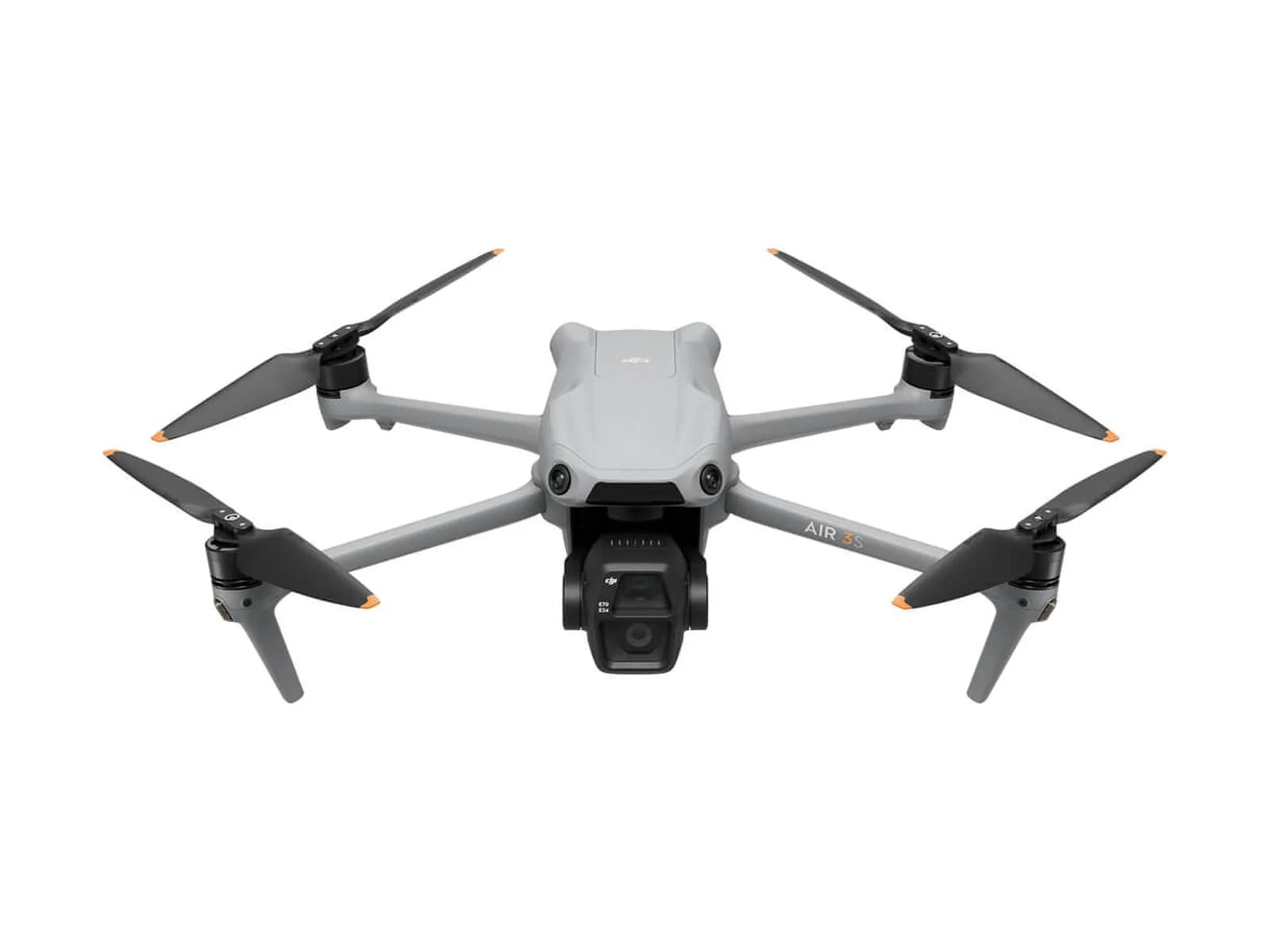 DJI Air 3S déplié vu de face avec sa double caméra, sur fond blanc