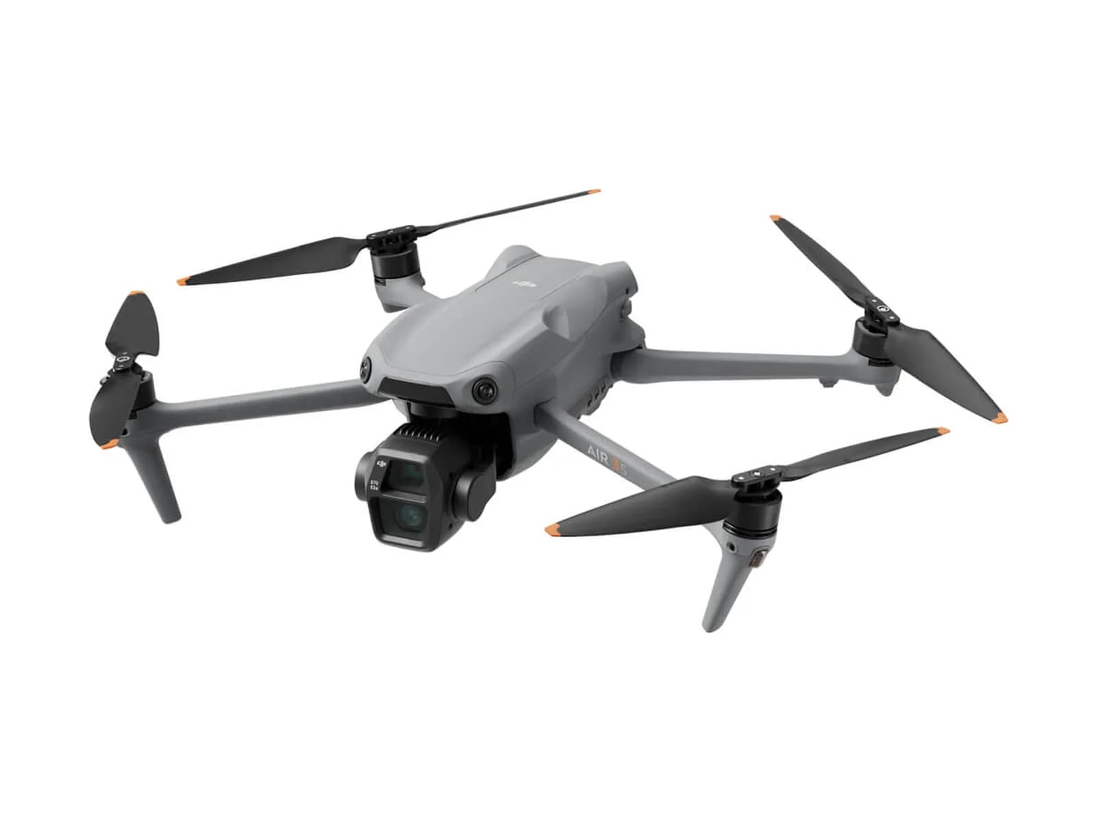 DJI Air 3S déplié vu de trois quarts, double caméra orientée vers l'avant, sur fond blanc