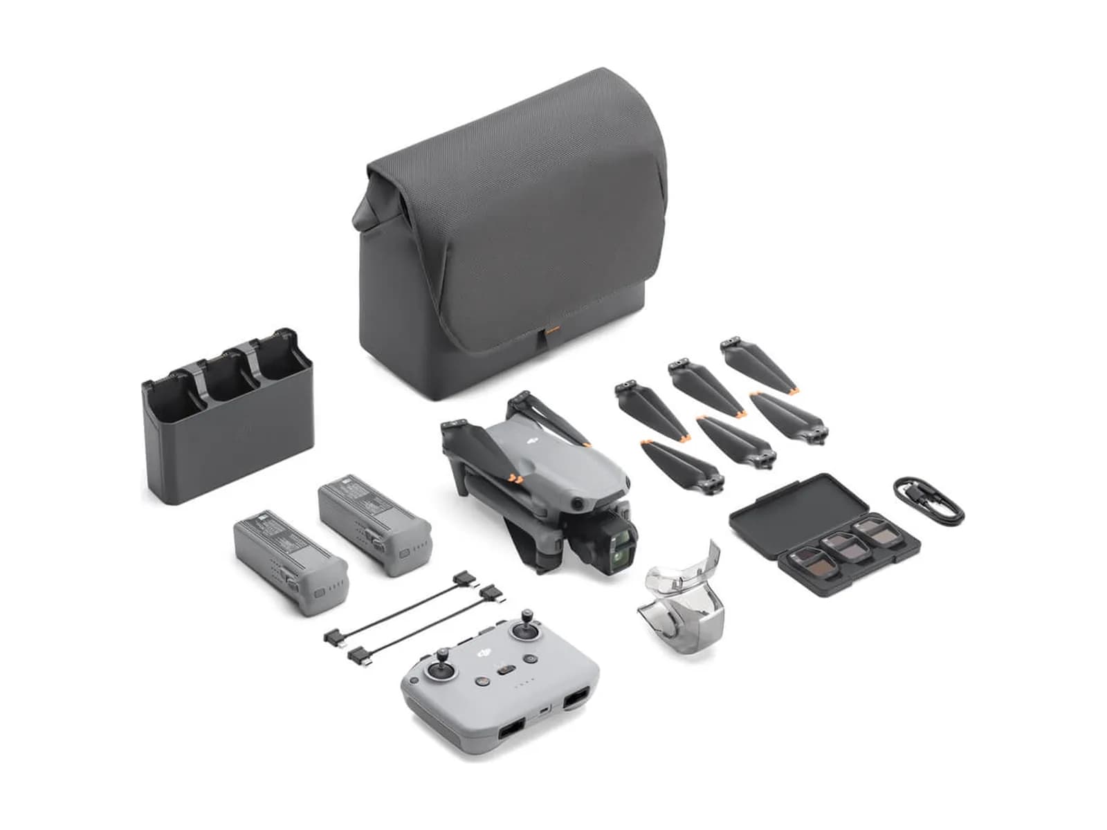 Contenu complet du pack DJI Air 3S Fly More Combo (RC-N3) disposé à plat sur fond blanc