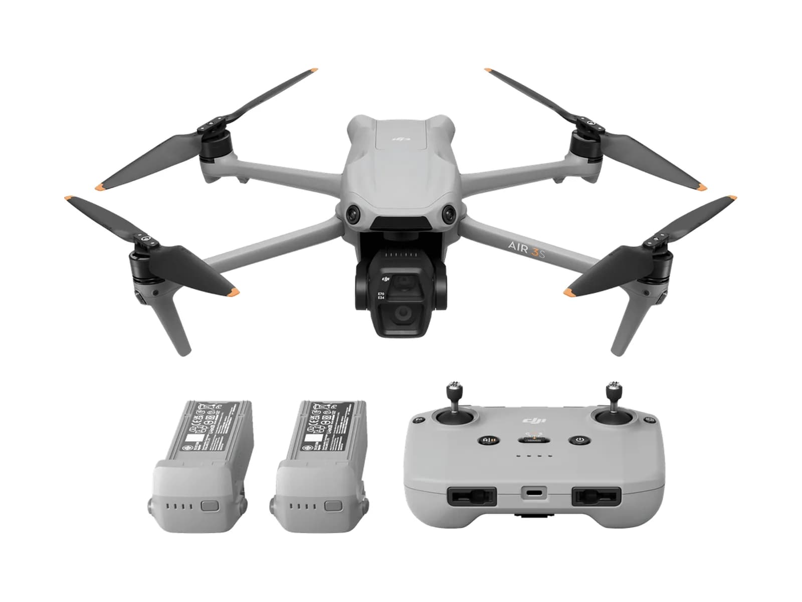 Pack DJI Air 3S Fly More Combo : drone, radiocommande RC-N3 et batteries, sur fond blanc