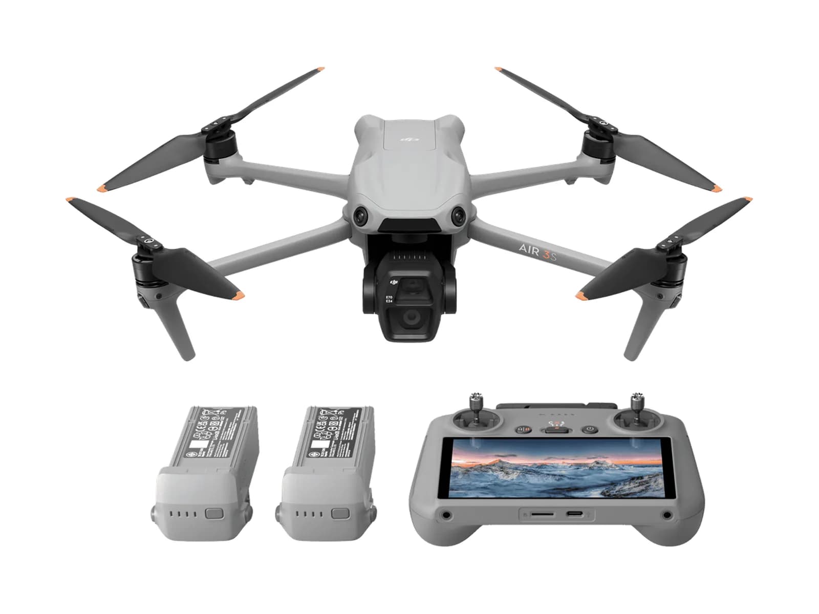 Pack DJI Air 3S Fly More Combo : drone déplié, deux batteries supplémentaires et radiocommande DJI RC 2 à écran