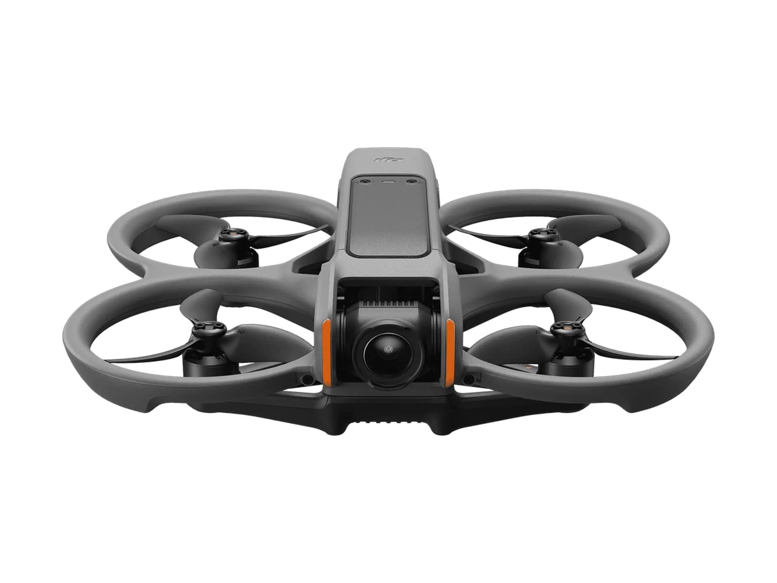DJI Avata 2 vu de trois quarts avant, cage d'hélices intégrée, sur fond blanc