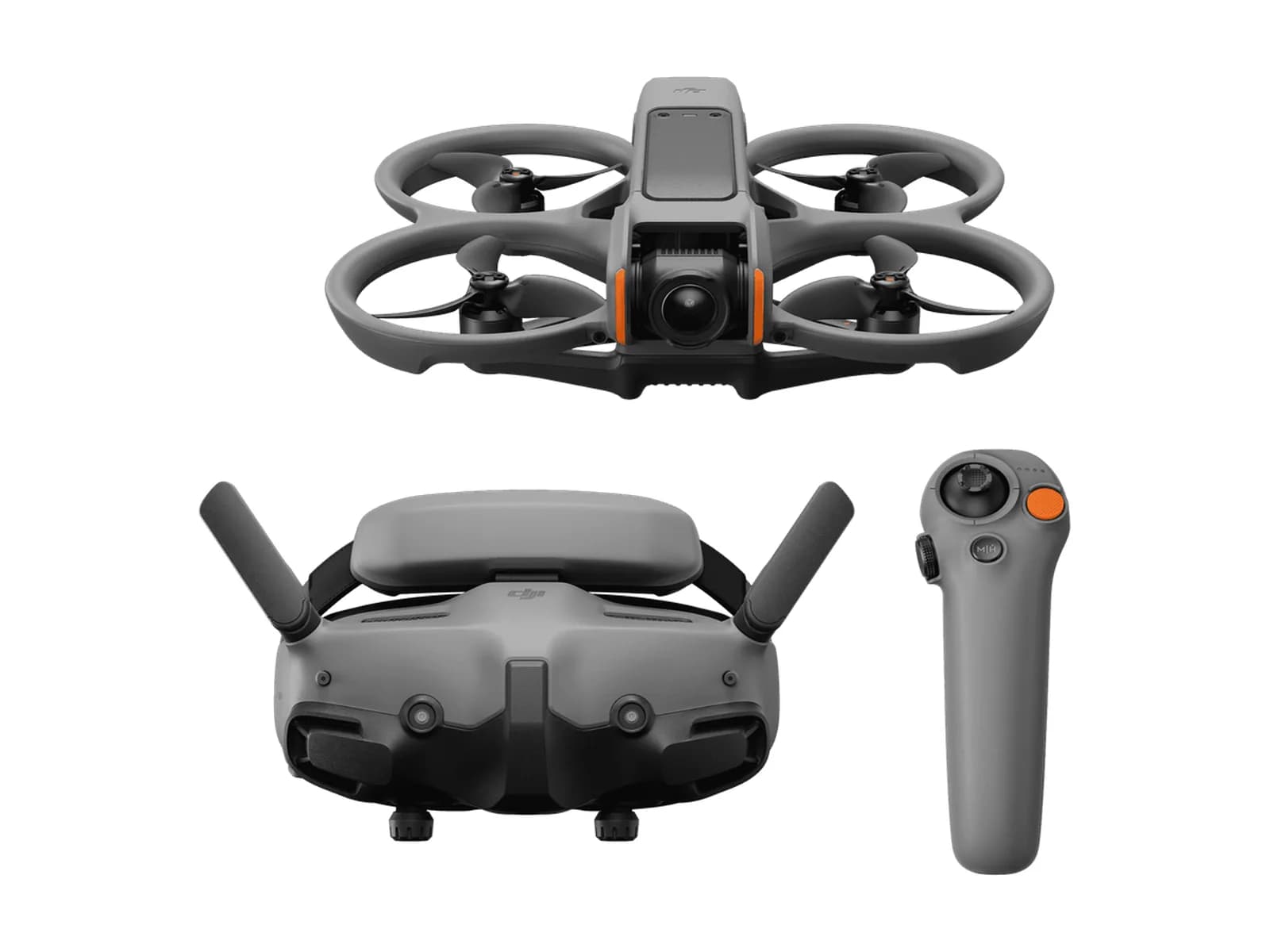 Pack DJI Avata 2 Fly More Combo : drone, lunettes Goggles 3 et manette RC Motion 3, sur fond blanc