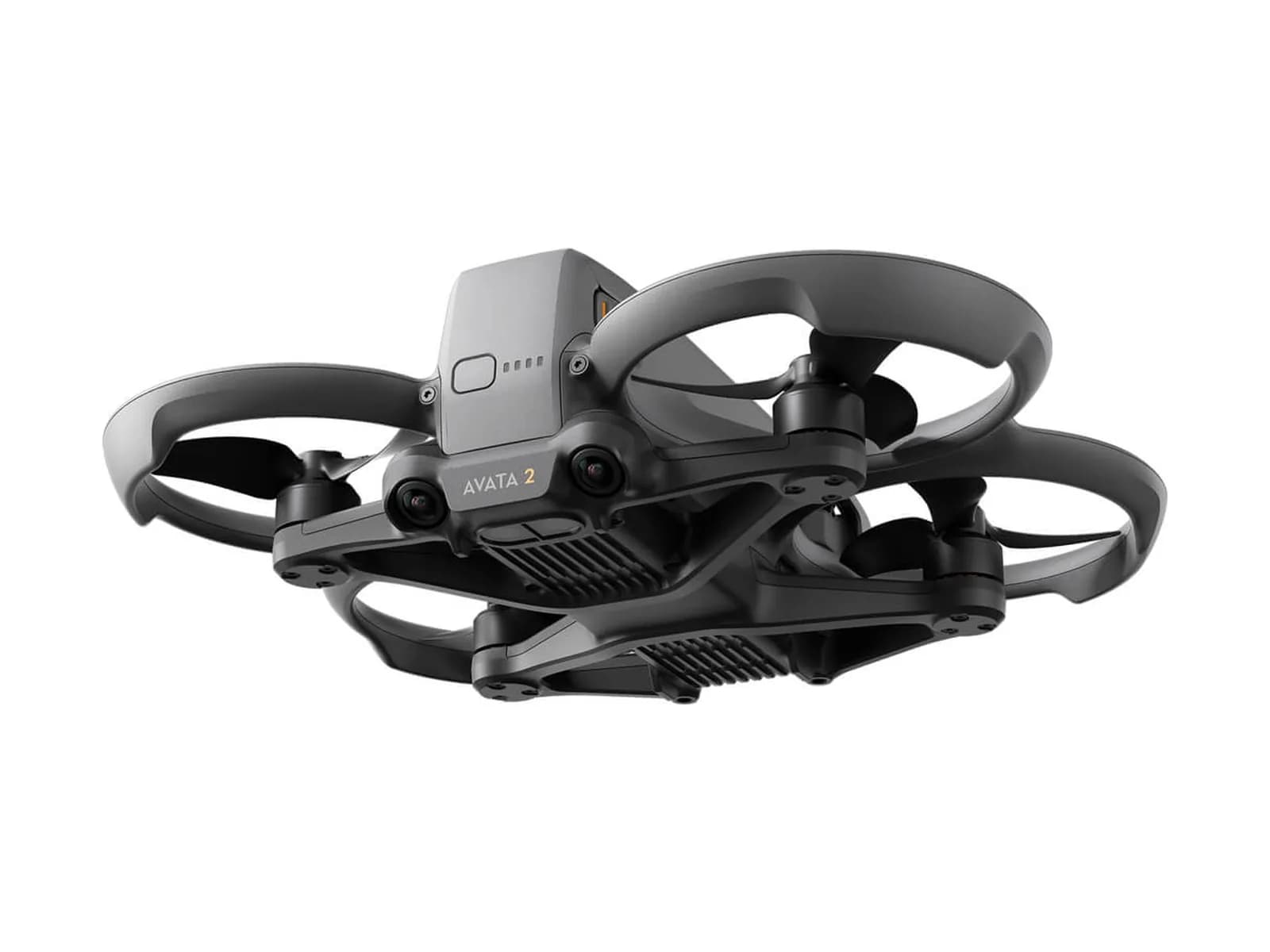DJI Avata 2 vu de trois quarts avant, cage d'hélices intégrée, sur fond blanc