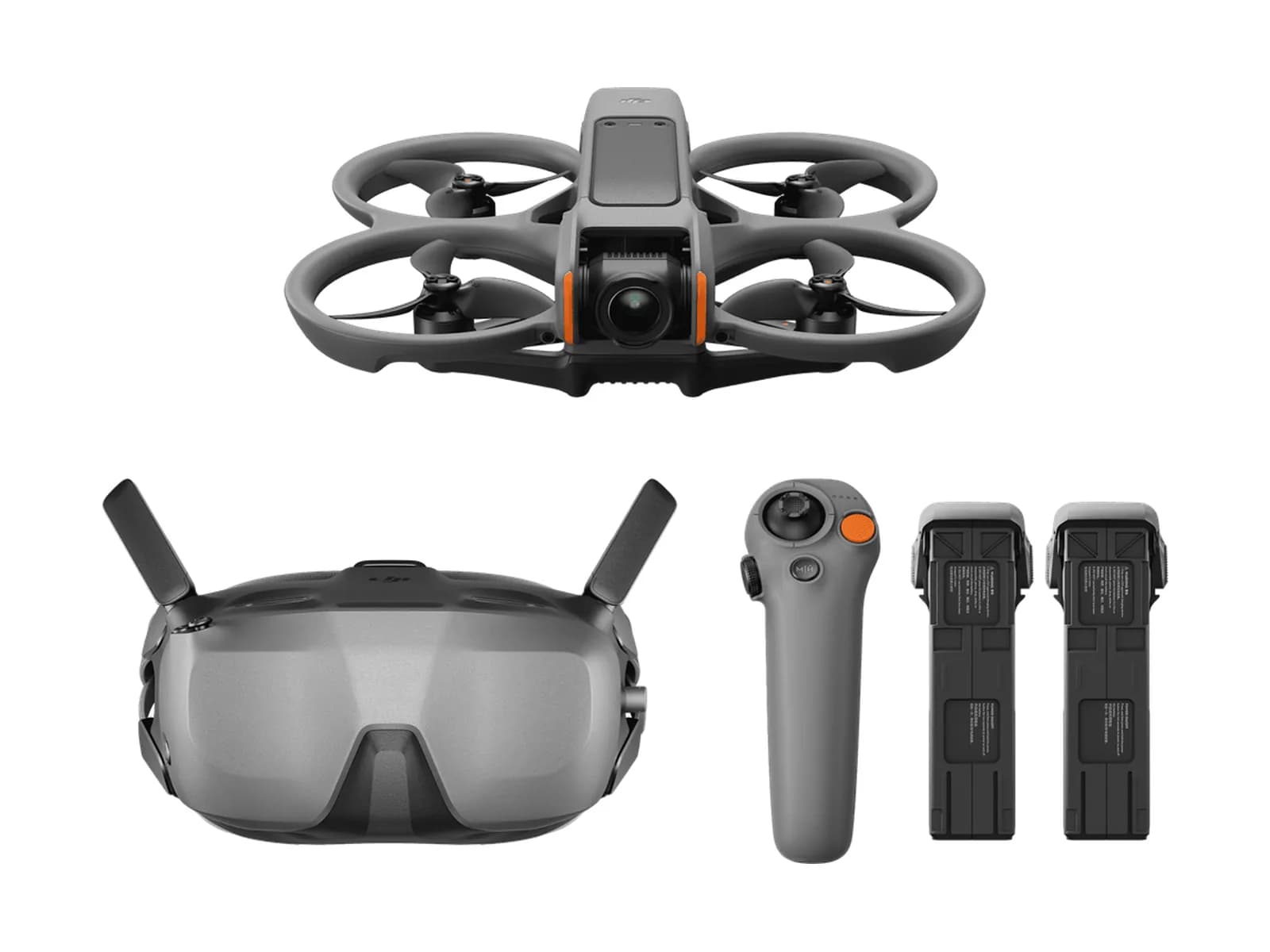 Pack DJI Avata 2 Fly Smart Combo : drone, lunettes Goggles N3, manette RC Motion 3 et trois batteries, sur fond blanc