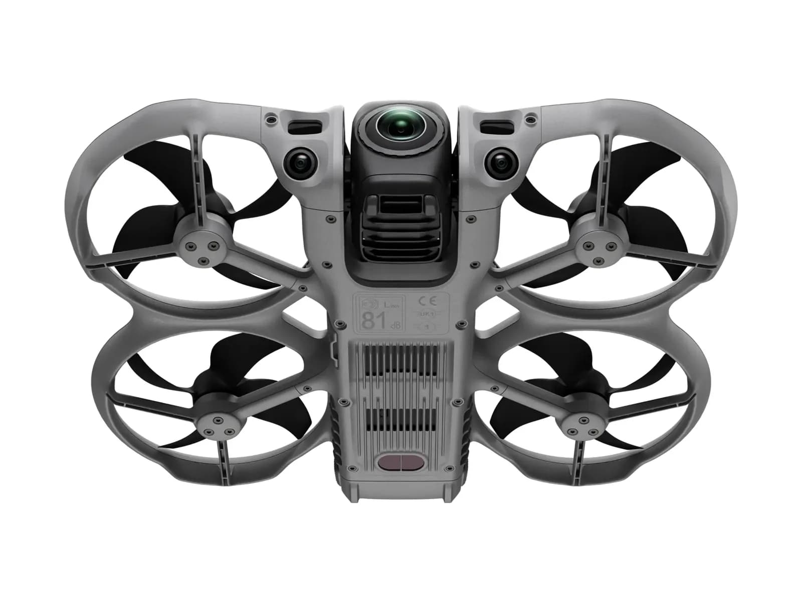 DJI Avata 360 vu de dessous, hélices sous protections et caméra 360° à l'avant