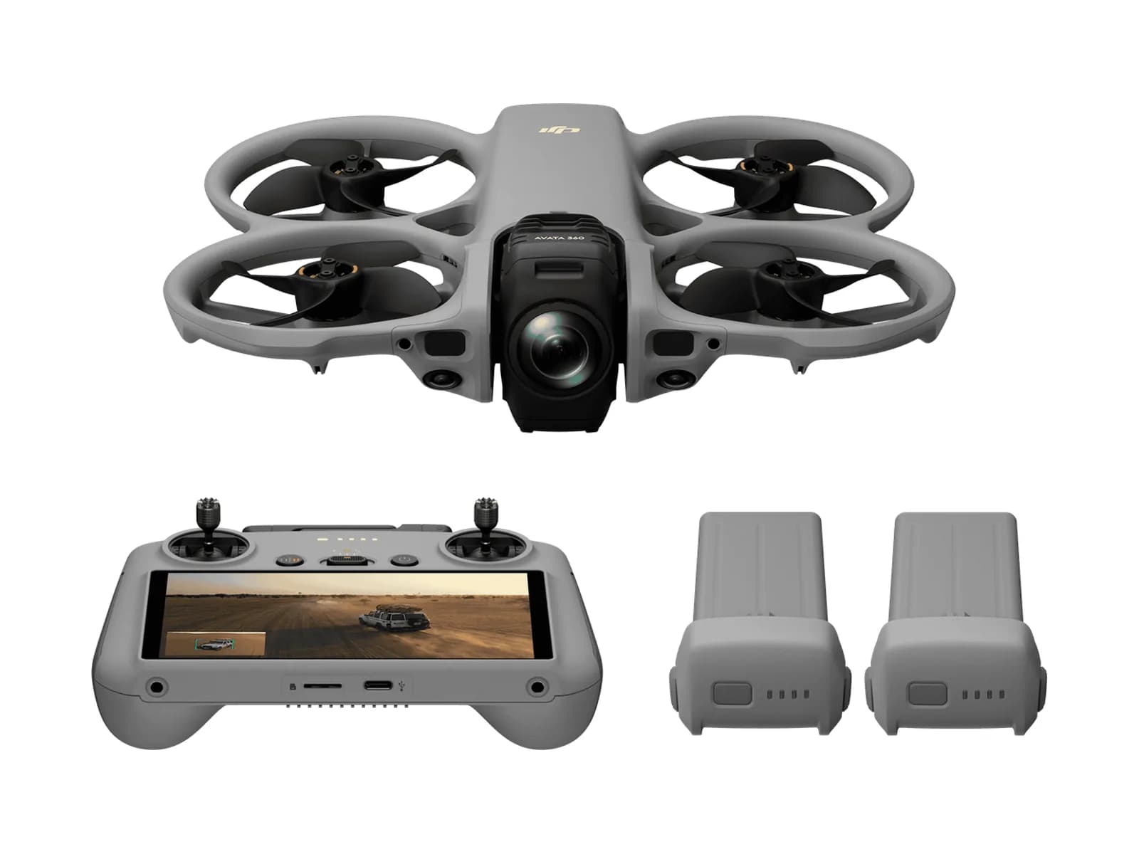 Pack DJI Avata 360 Fly More Combo : drone, radiocommande DJI RC 2 à écran et deux batteries supplémentaires