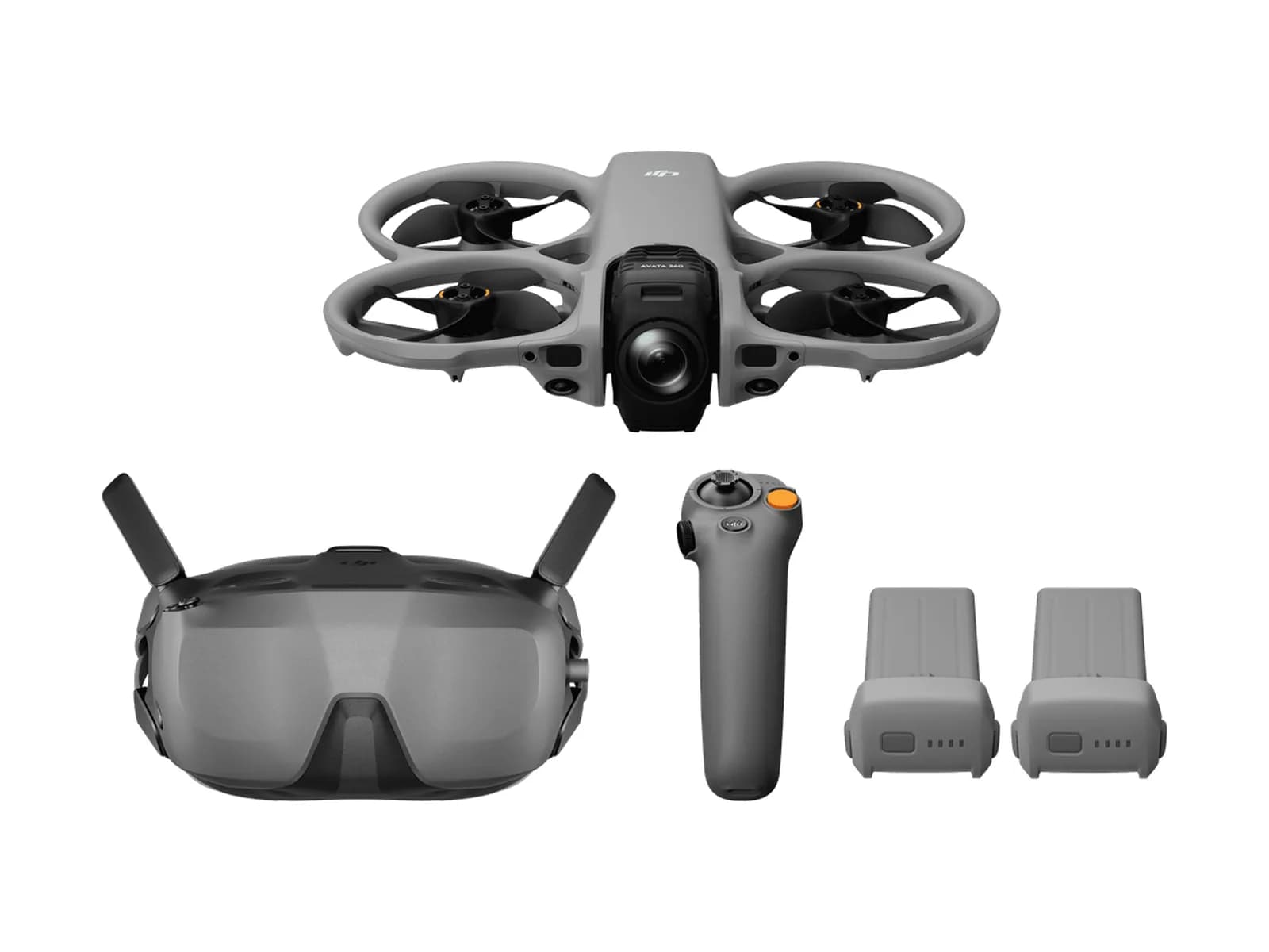 Pack DJI Avata 360 Motion Fly More Combo : drone, lunettes Goggles N3, manette RC Motion 3 et batteries, sur fond blanc