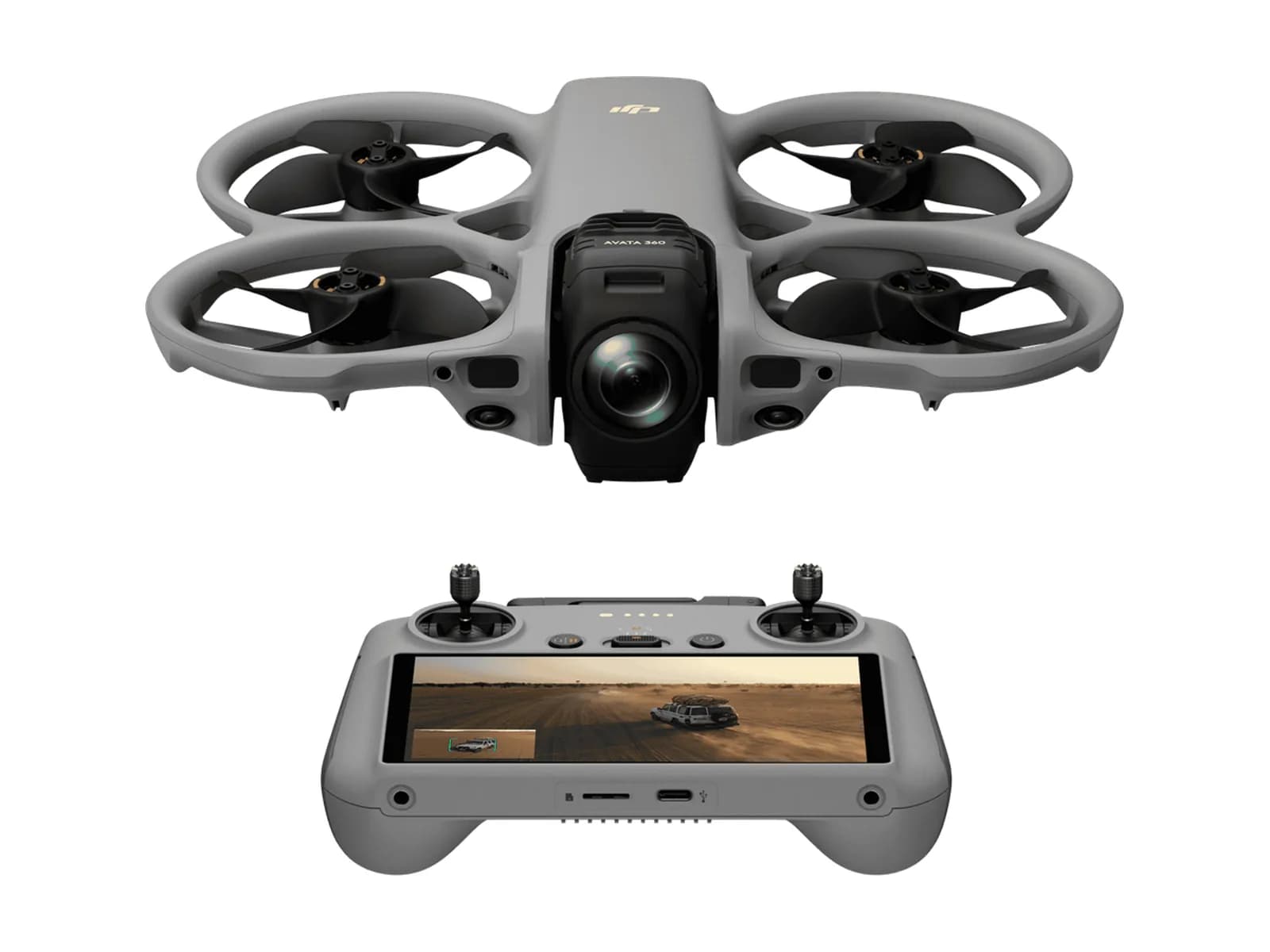 DJI Avata 360 avec la radiocommande DJI RC 2 à écran intégré, sur fond blanc