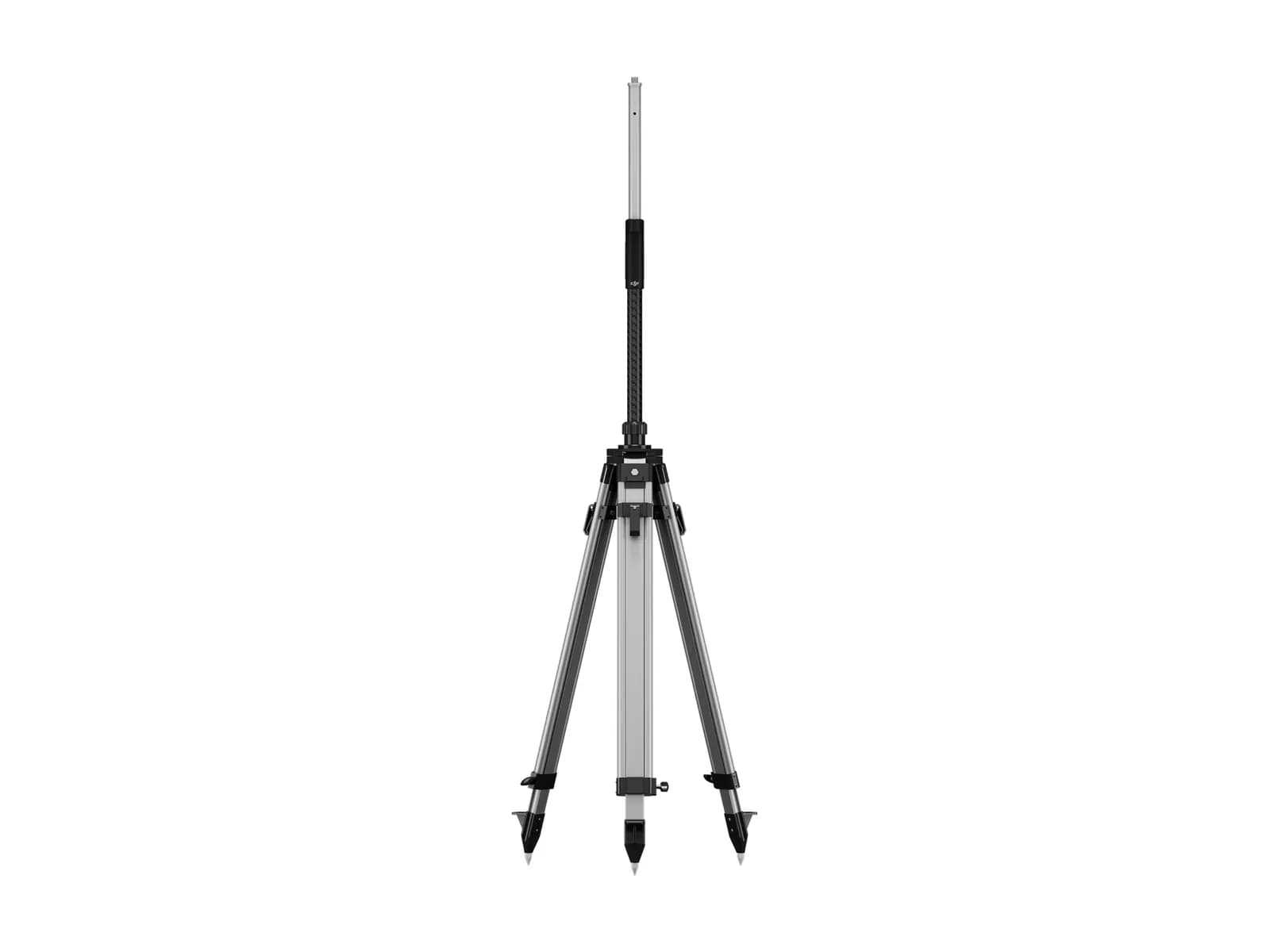 Station DJI D-RTK 3 montée sur son trépied avec la canne d'arpentage, sur fond blanc