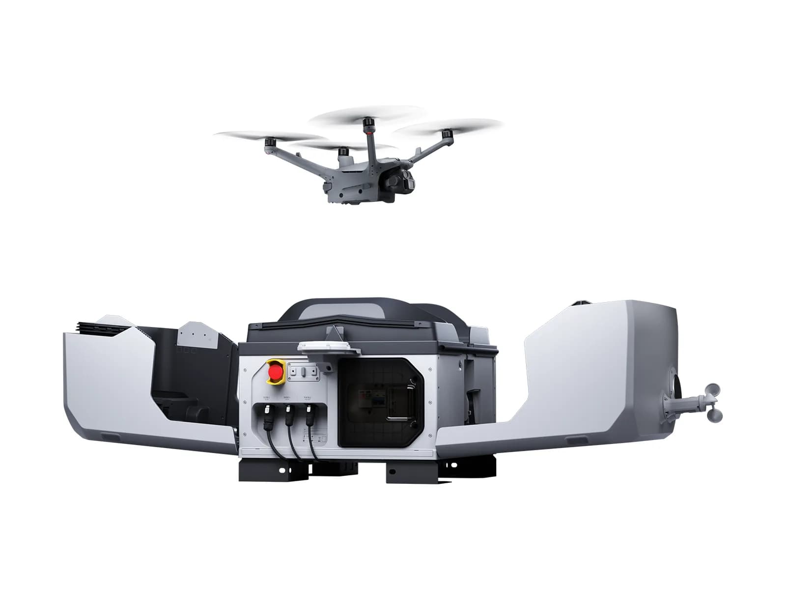 DJI Dock 3 ouvert, drone Matrice 4D en vol au-dessus, sur fond blanc