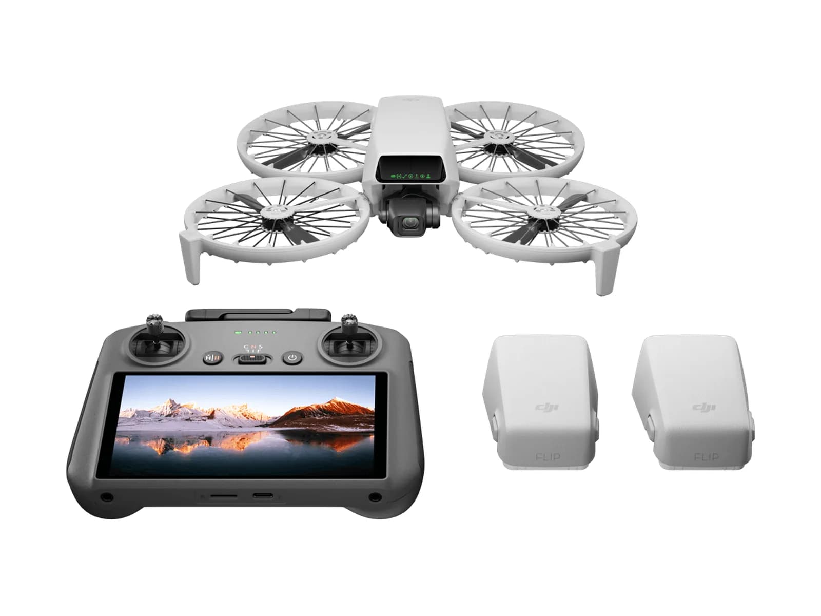 Pack DJI Flip Fly More Combo : drone, radiocommande DJI RC 2 et batteries, sur fond blanc