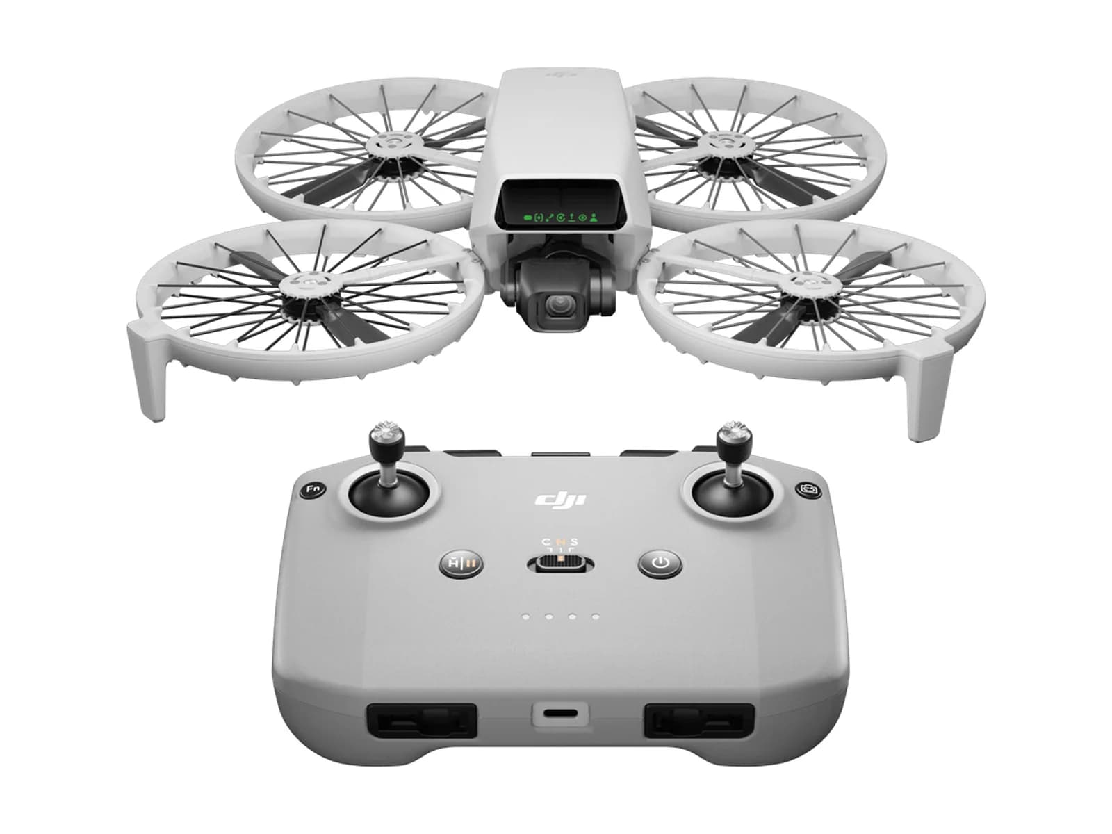 DJI Flip déplié avec sa radiocommande RC-N3, sur fond blanc