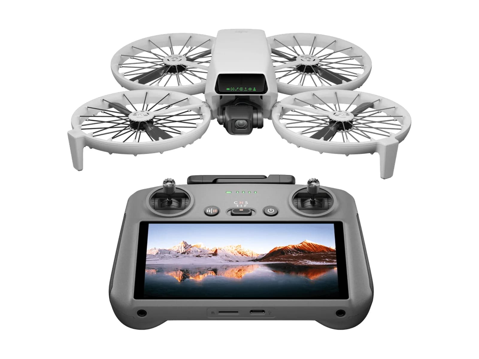 DJI Flip déplié avec la radiocommande DJI RC 2 à écran, sur fond blanc