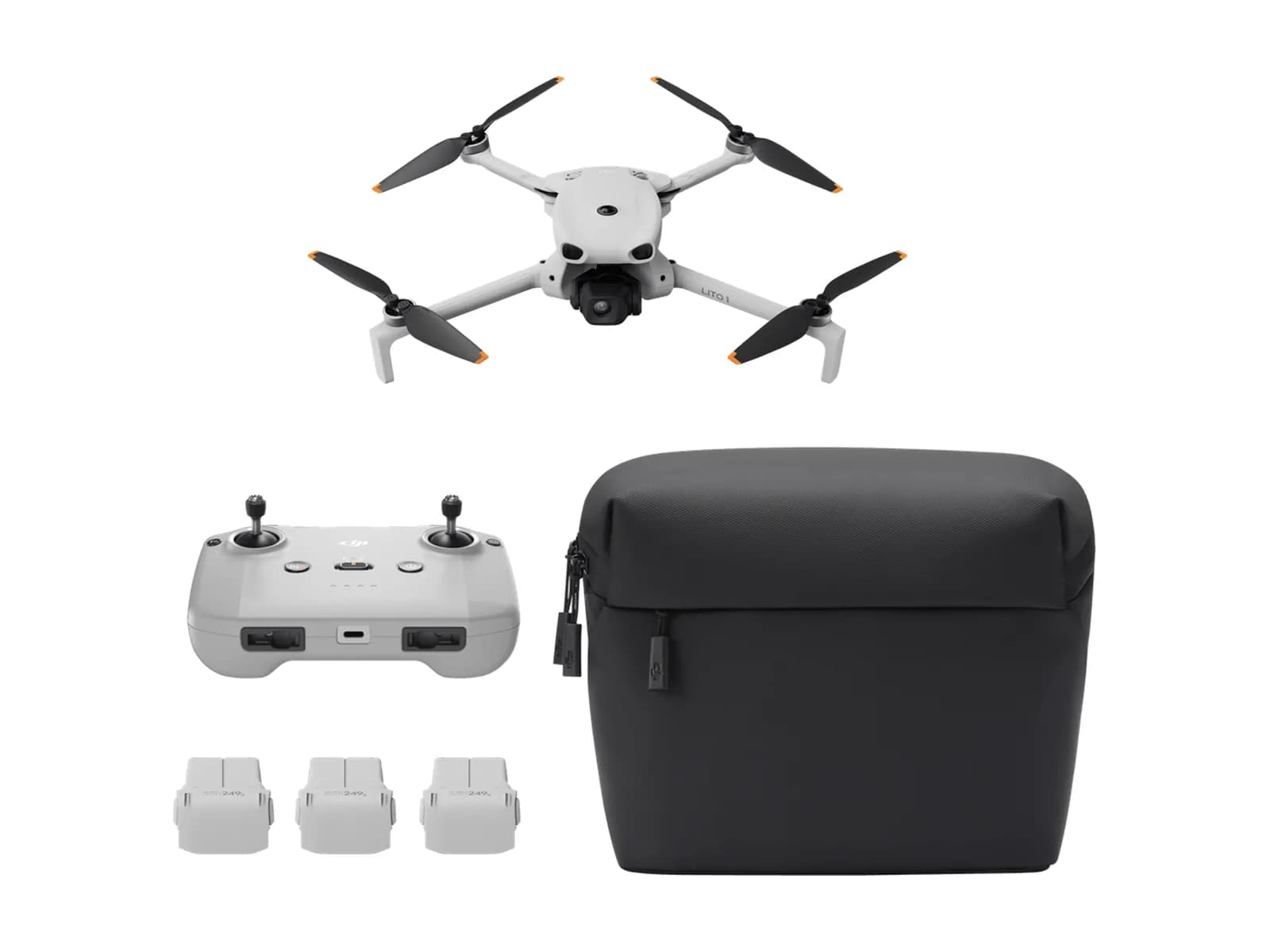 Pack DJI Lito 1 Fly More Combo : drone, radiocommande RC-N3, batteries et sac bandoulière, sur fond blanc