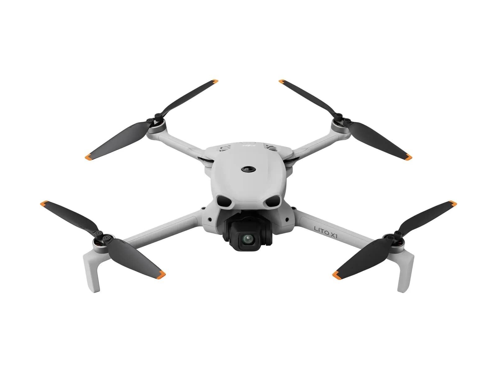 DJI Lito X1 blanc déplié vu de face, caméra et hélices sorties, sur fond blanc