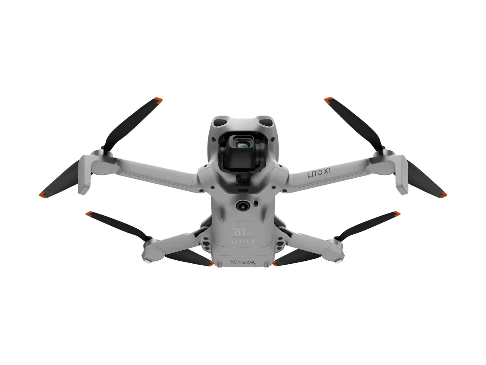 DJI Lito X1 vu de dessous, nacelle caméra et marquage 249 g visibles