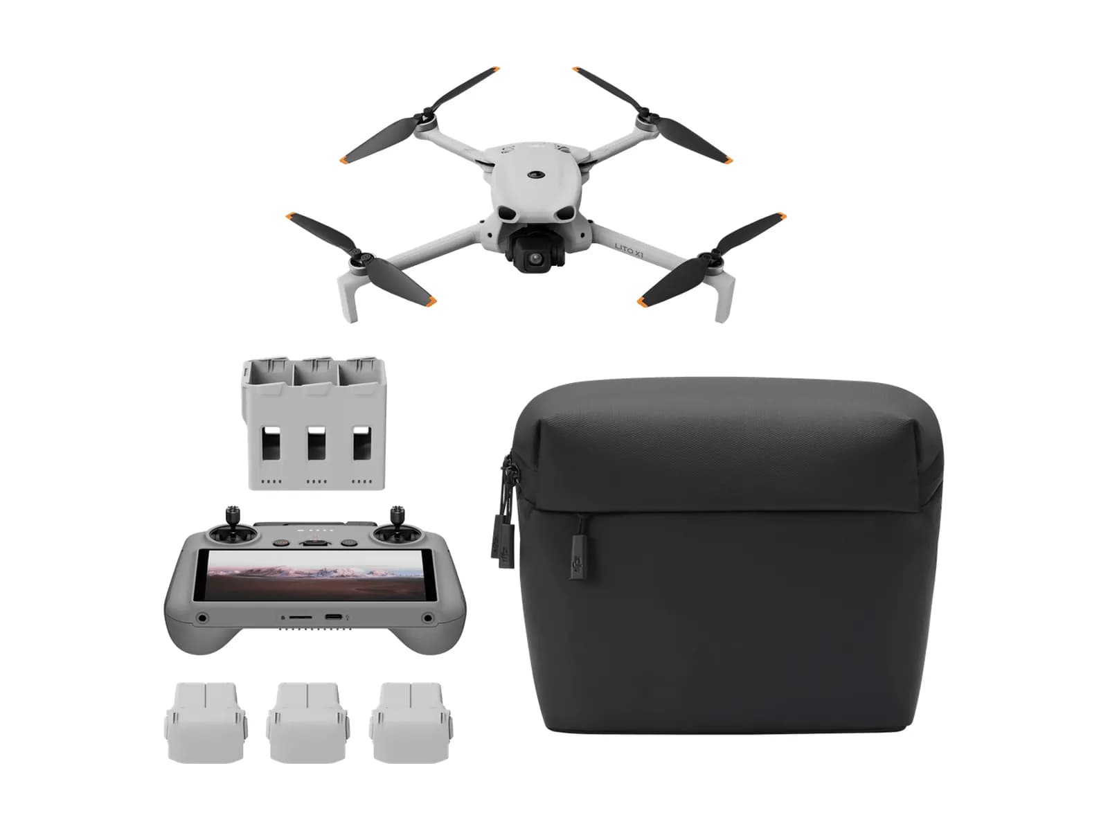 Pack DJI Lito X1 Fly More Combo Plus : drone, radiocommande DJI RC 2, batteries Plus et sac, sur fond blanc