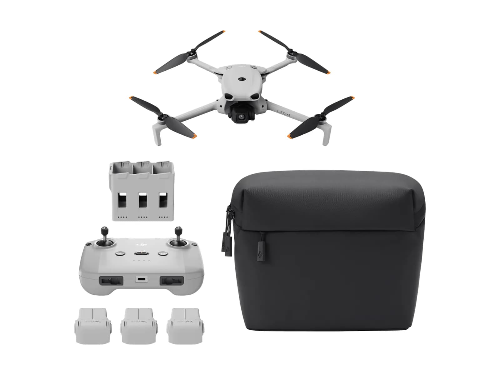 Pack DJI Lito X1 Fly More Combo : drone, radiocommande RC-N3, station de charge, batteries et sac, sur fond blanc