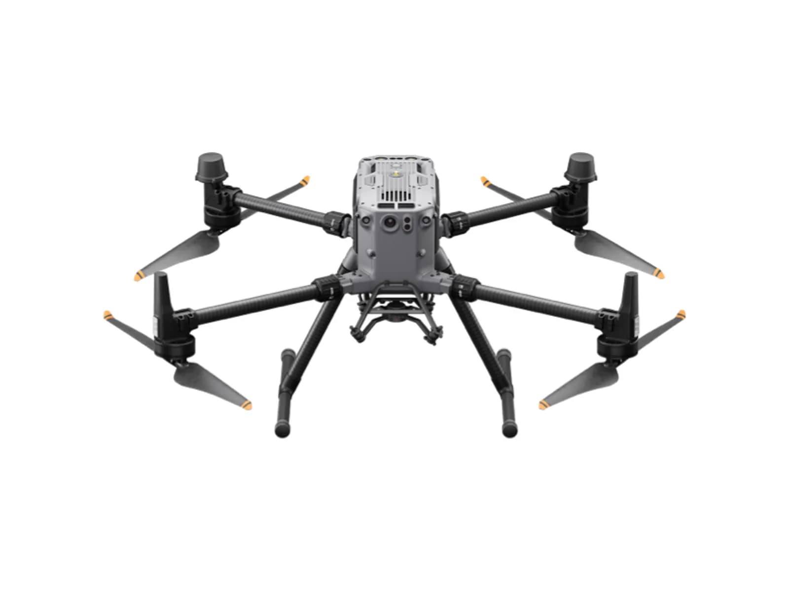 DJI Matrice 350 RTK vu de face, bras déployés et train d'atterrissage, sur fond blanc