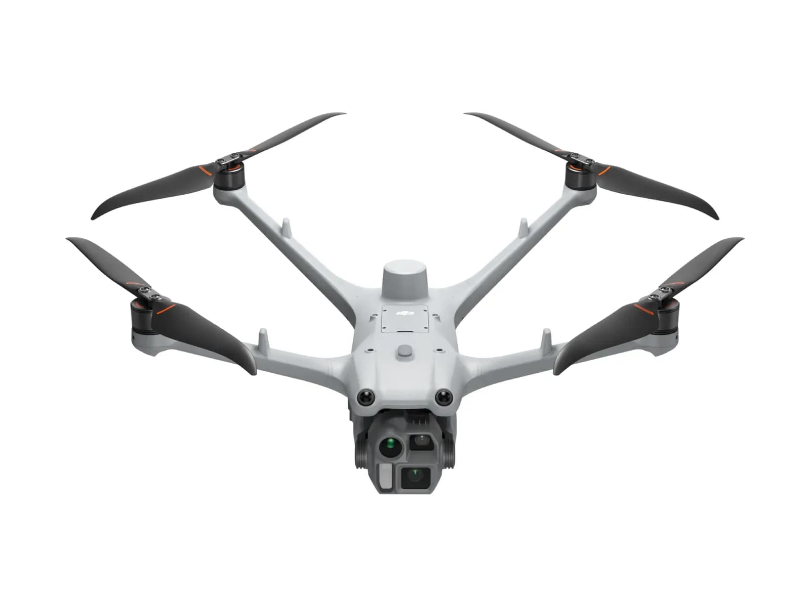 DJI Matrice 4D déplié vu de face, nacelle caméra, sur fond blanc