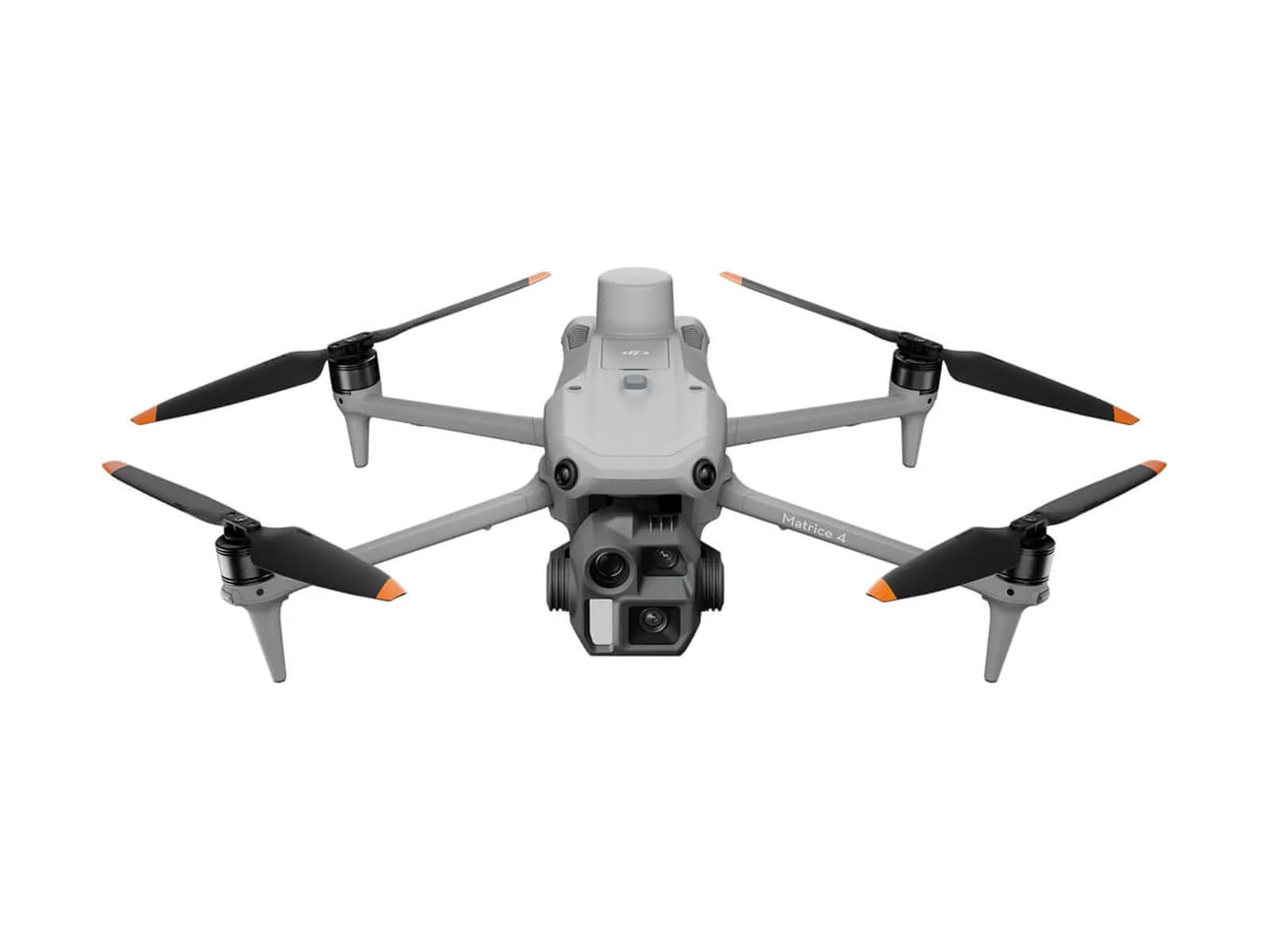 DJI Matrice 4E déplié vu de face, nacelle grand-angle et téléobjectifs, sur fond blanc