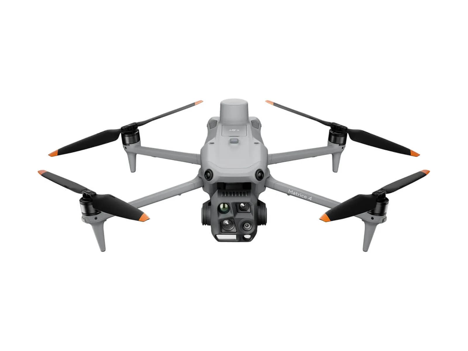 DJI Matrice 4T déplié vu de face, nacelle avec caméra thermique, sur fond blanc