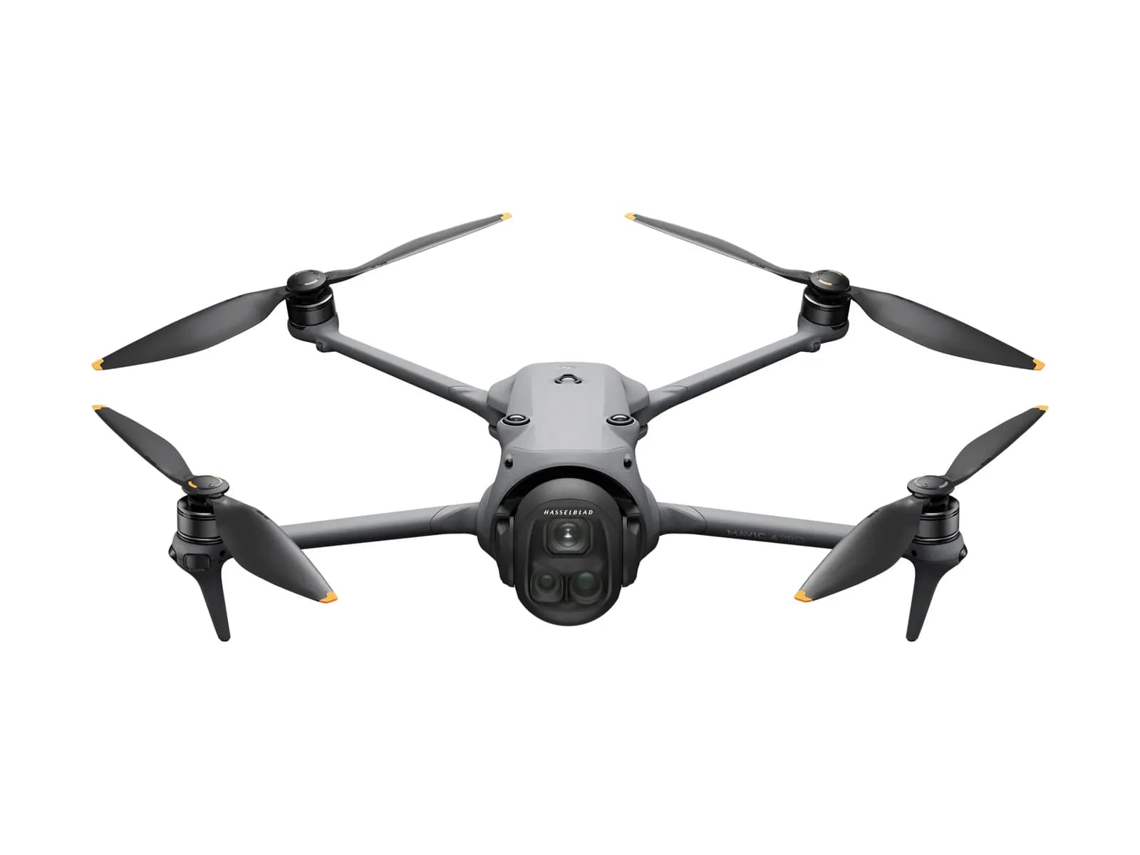 DJI Mavic 4 Pro déplié vu de face, triple caméra Hasselblad sur nacelle, sur fond blanc