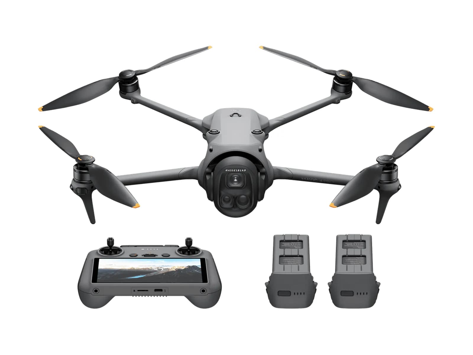 Pack DJI Mavic 4 Pro Fly More Combo : drone déplié, radiocommande à écran et deux batteries supplémentaires
