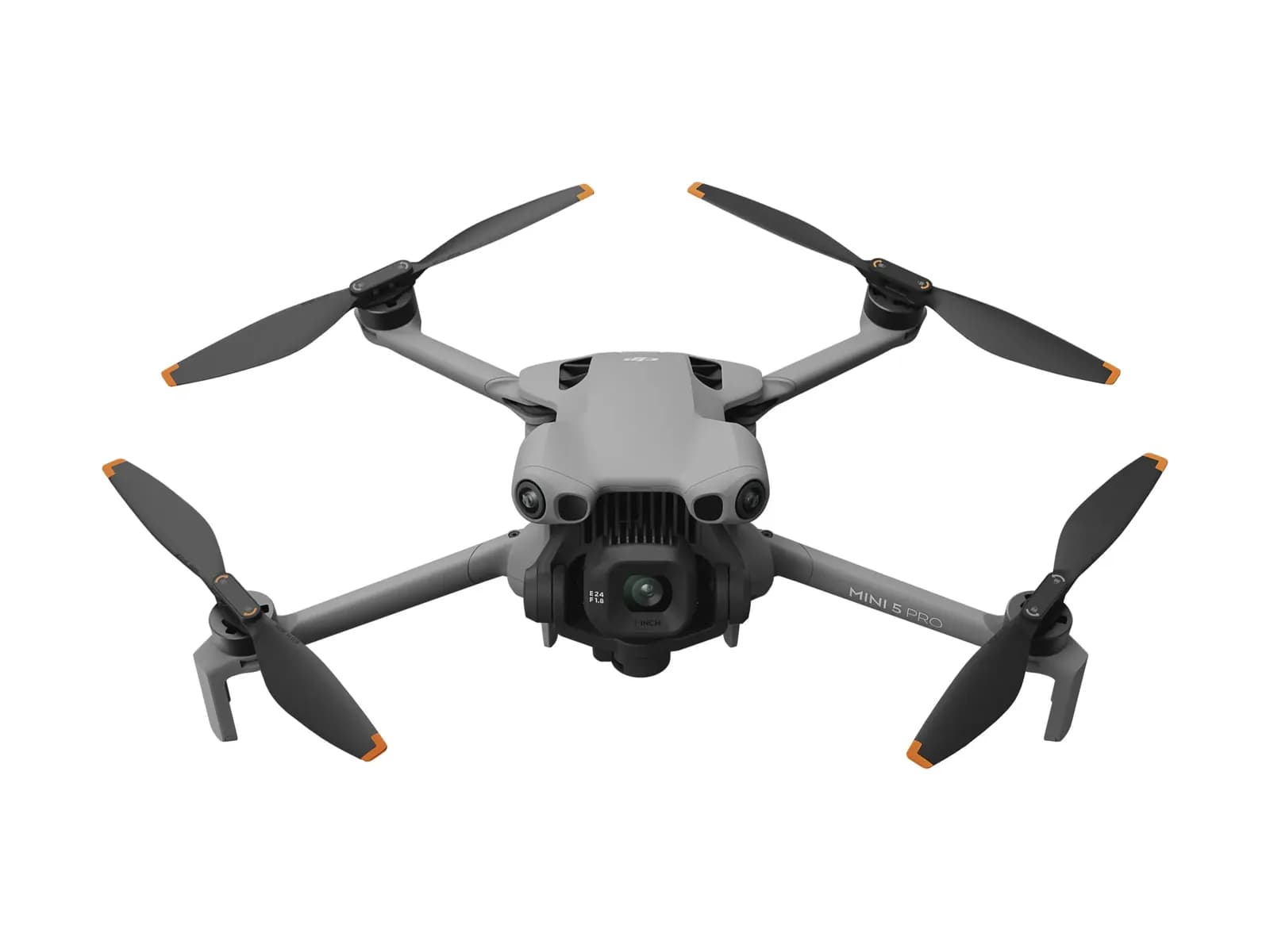 DJI Mini 5 Pro déplié vu de face, nacelle caméra et hélices sorties, sur fond blanc