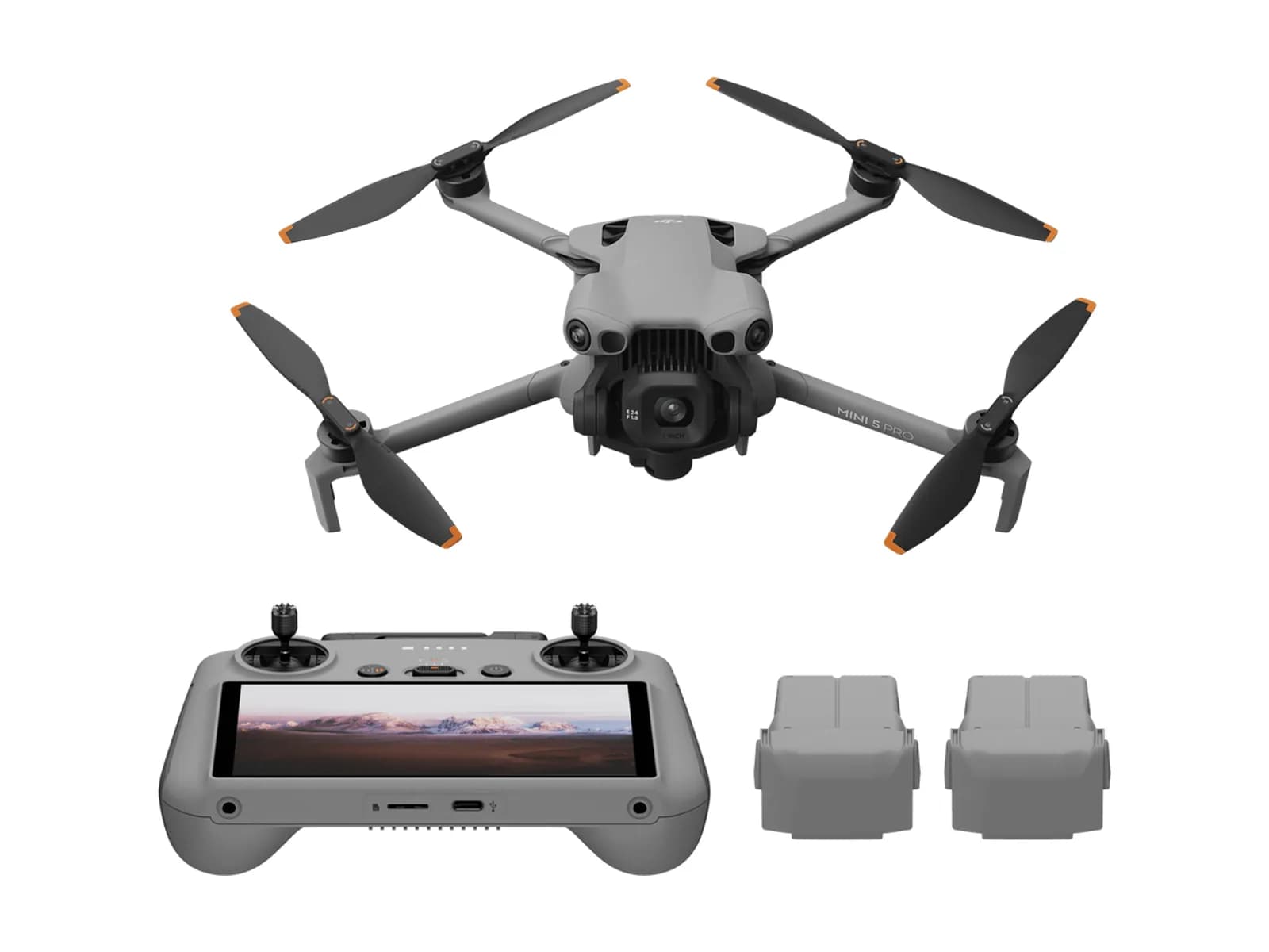 Pack DJI Mini 5 Pro Fly More Combo Plus : drone, radiocommande DJI RC 2 à écran et batteries Plus, sur fond blanc