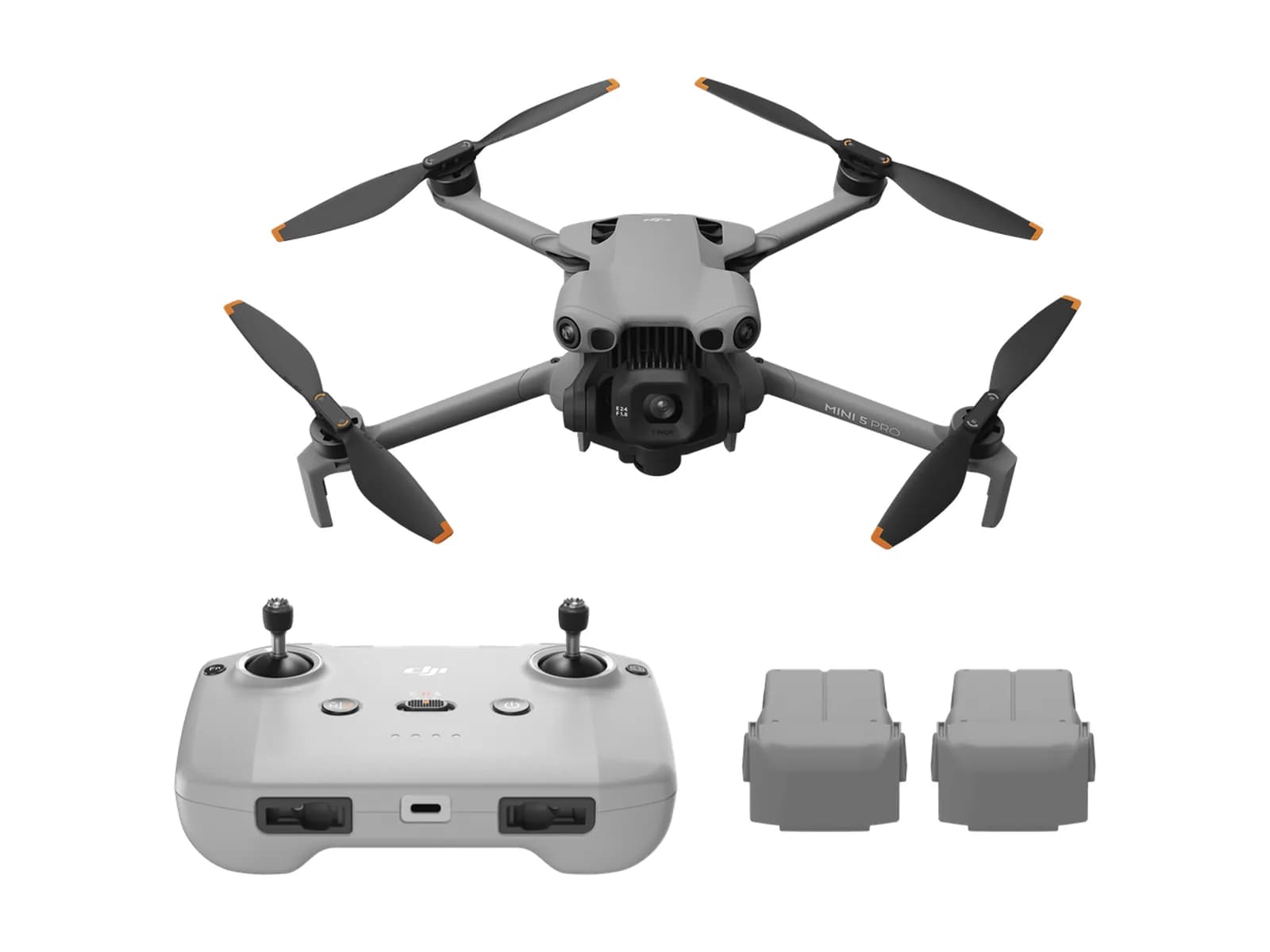 Pack DJI Mini 5 Pro Fly More Combo : drone déplié, radiocommande RC-N3 et batteries supplémentaires, sur fond blanc