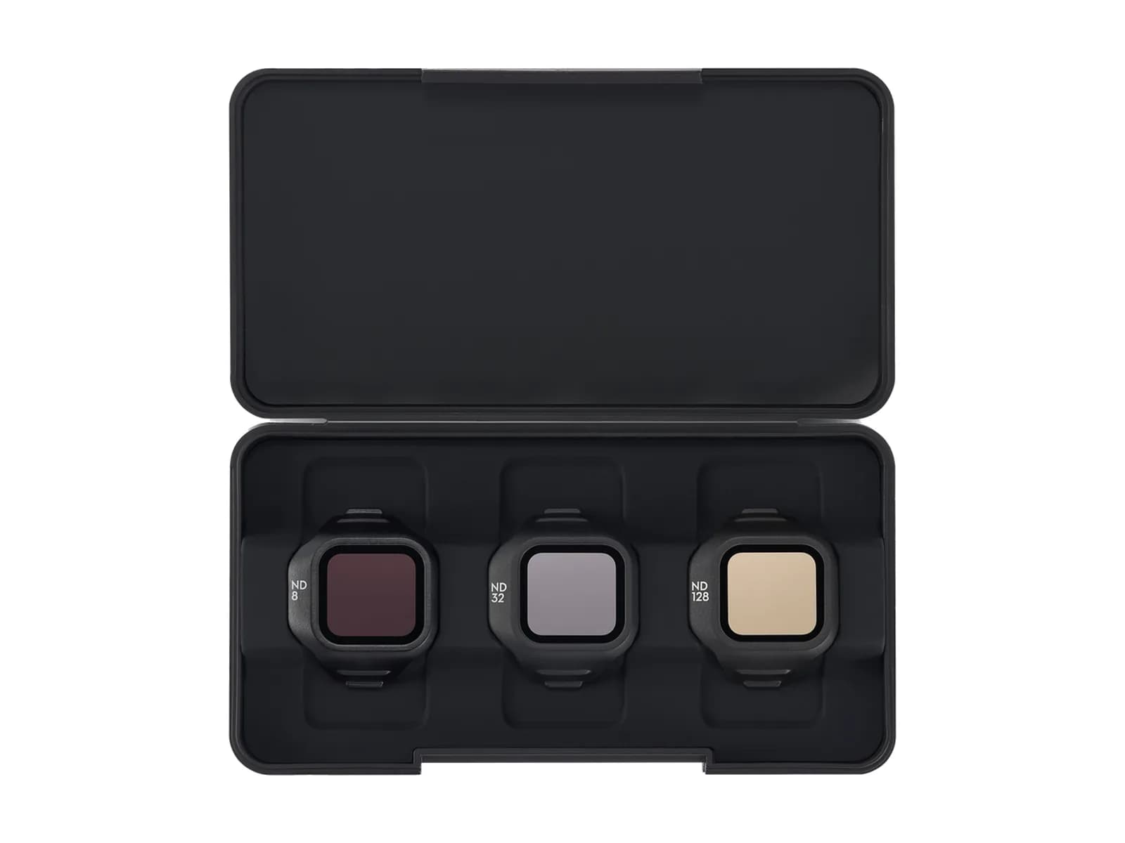 Trois filtres ND pour DJI Mini 5 Pro dans leur étui ouvert, sur fond blanc