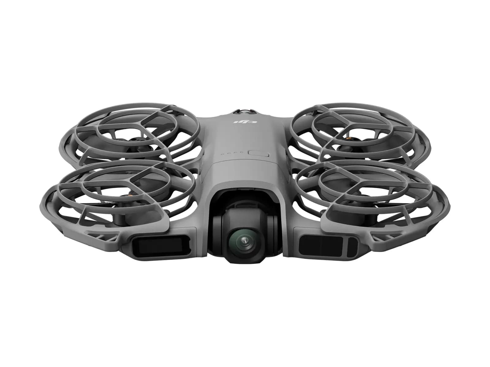 DJI Neo 2 vu de face, protections d'hélices intégrées et caméra sur nacelle, sur fond blanc