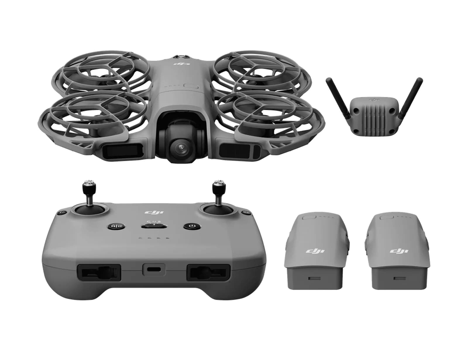 Pack DJI Neo 2 Fly More Combo : drone, radiocommande RC-N3 et batteries, sur fond blanc