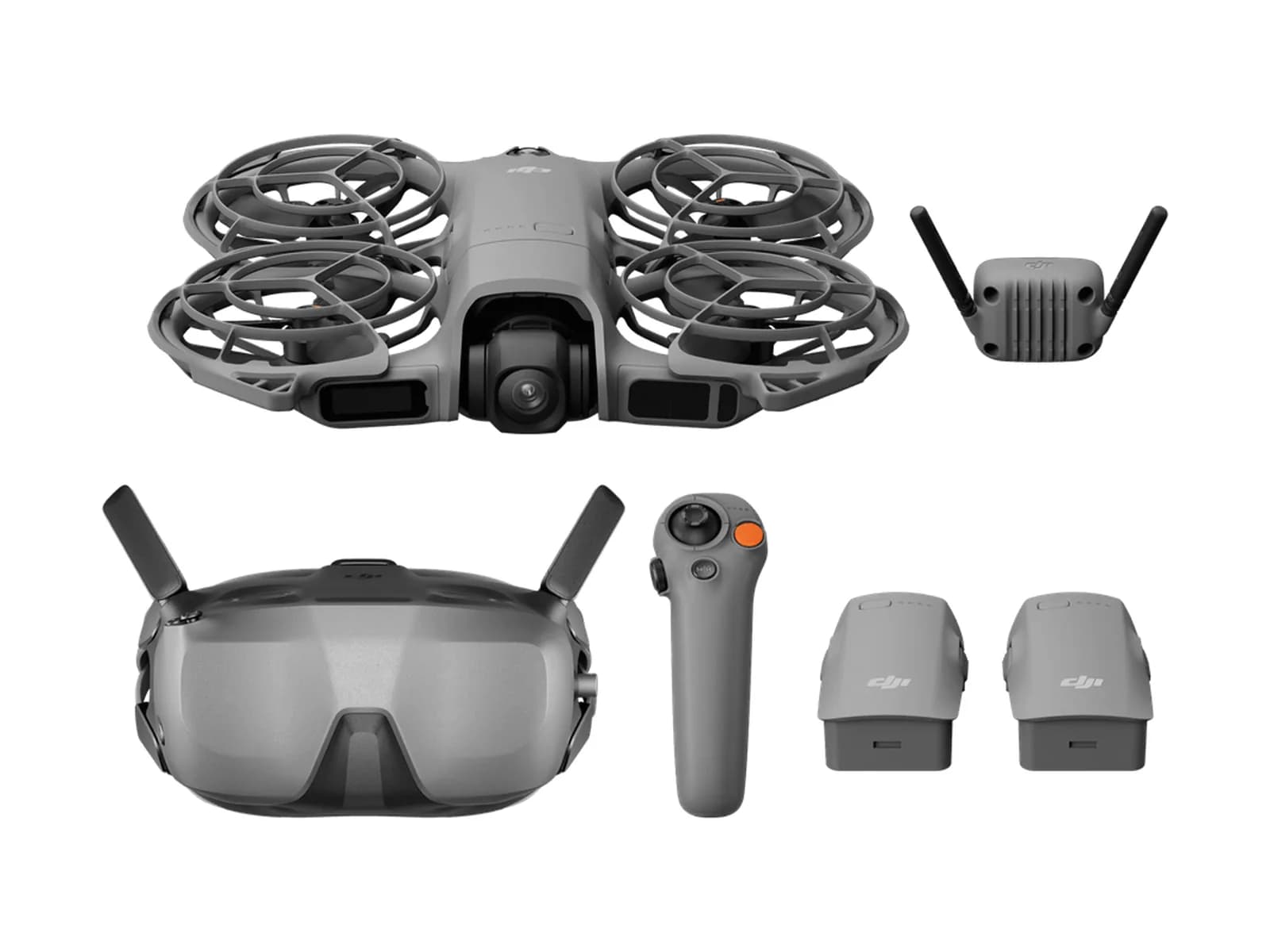 Pack DJI Neo 2 Motion Fly More Combo : drone, lunettes Goggles N3, manette RC Motion 3 et batteries, sur fond blanc