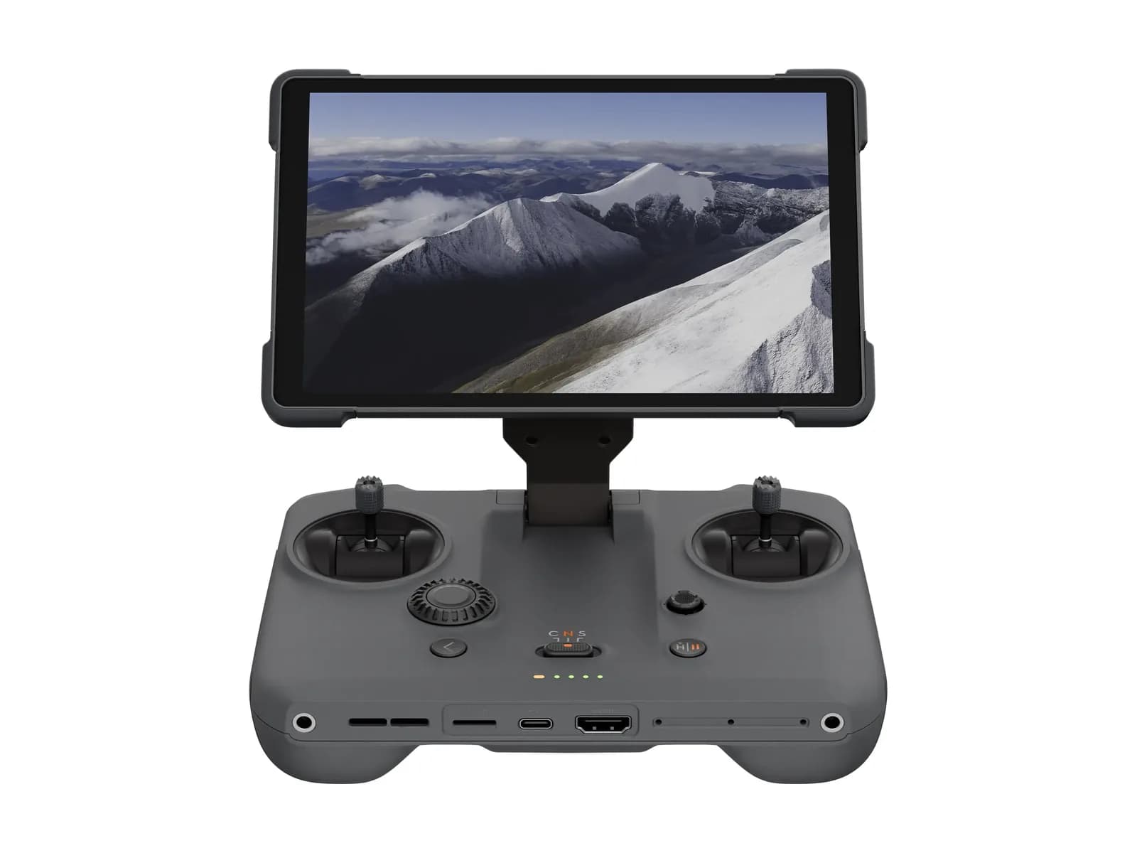 Radiocommande DJI RC Pro 2 écran relevé, joysticks et connectique visibles, sur fond blanc
