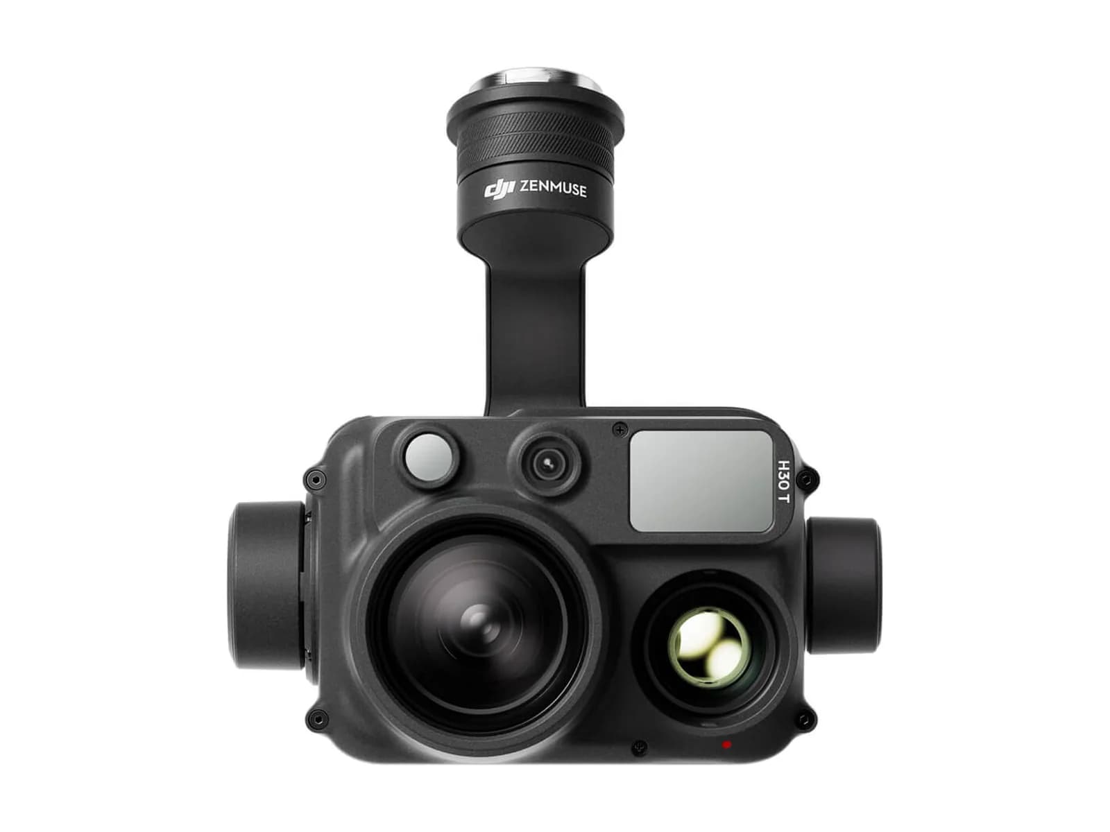 Nacelle DJI Zenmuse H30T vue de face, capteurs visibles et thermique, sur fond blanc