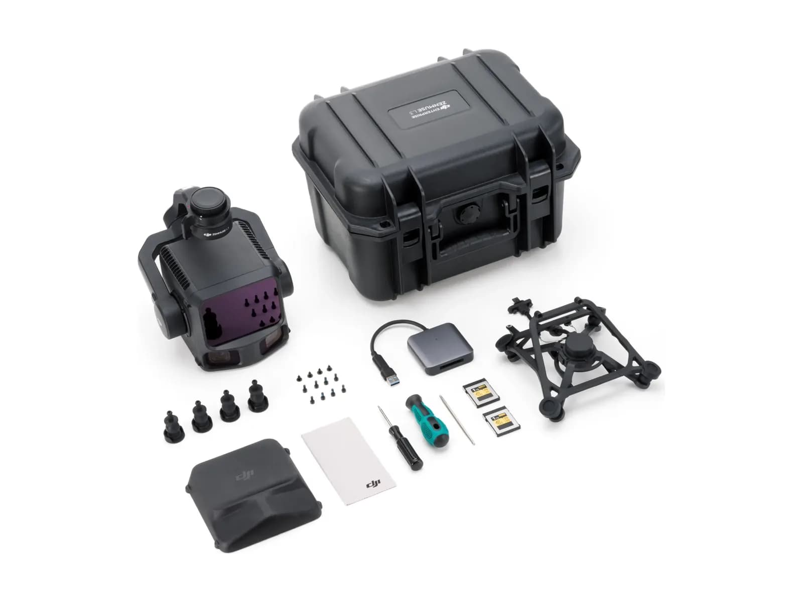 DJI Zenmuse L3 avec sa valise et ses accessoires sur fond blanc