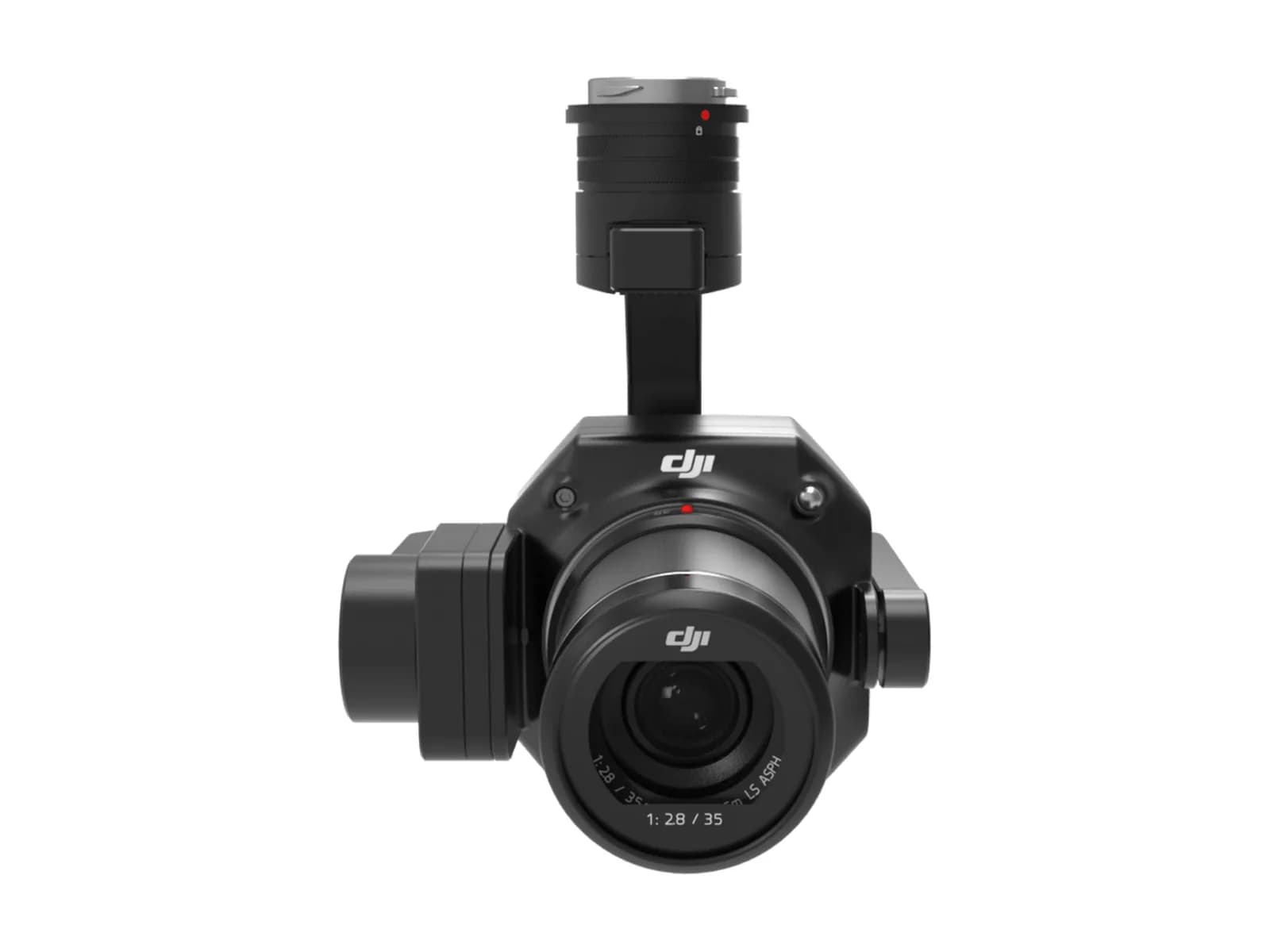 Caméra DJI Zenmuse P1 sur sa nacelle, objectif monté, sur fond blanc