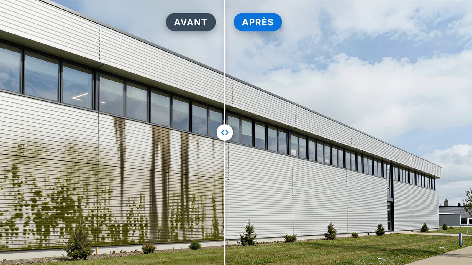 Bardage métallique d'un bâtiment d'activité avant et après nettoyage : à gauche encrassé de mousses et de coulures noires, à droite propre